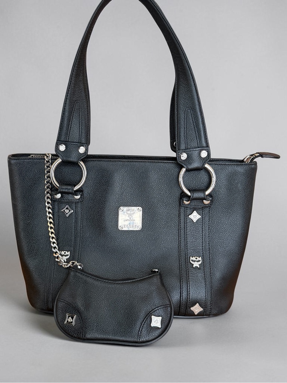 MCM Black Pebbled Leather Tote Bag Silver Hardware w/ Coin Pouch